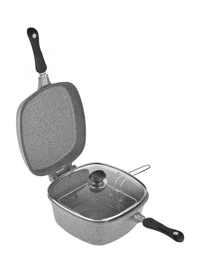 7-Piece Multi Cooker Set Includes Square Deep Pan With Lid 26 cm, Square Grill Pan With Lid 26 cm, Fry Pan 26 cm, Round Fryer Basket With Lid And Handle 20 cm Granite