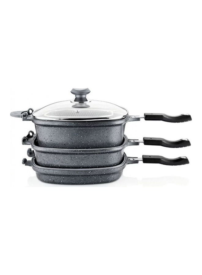 7-Piece Multi Cooker Set Includes Square Deep Pan With Lid 26 cm, Square Grill Pan With Lid 26 cm, Fry Pan 26 cm, Round Fryer Basket With Lid And Handle 20 cm Granite
