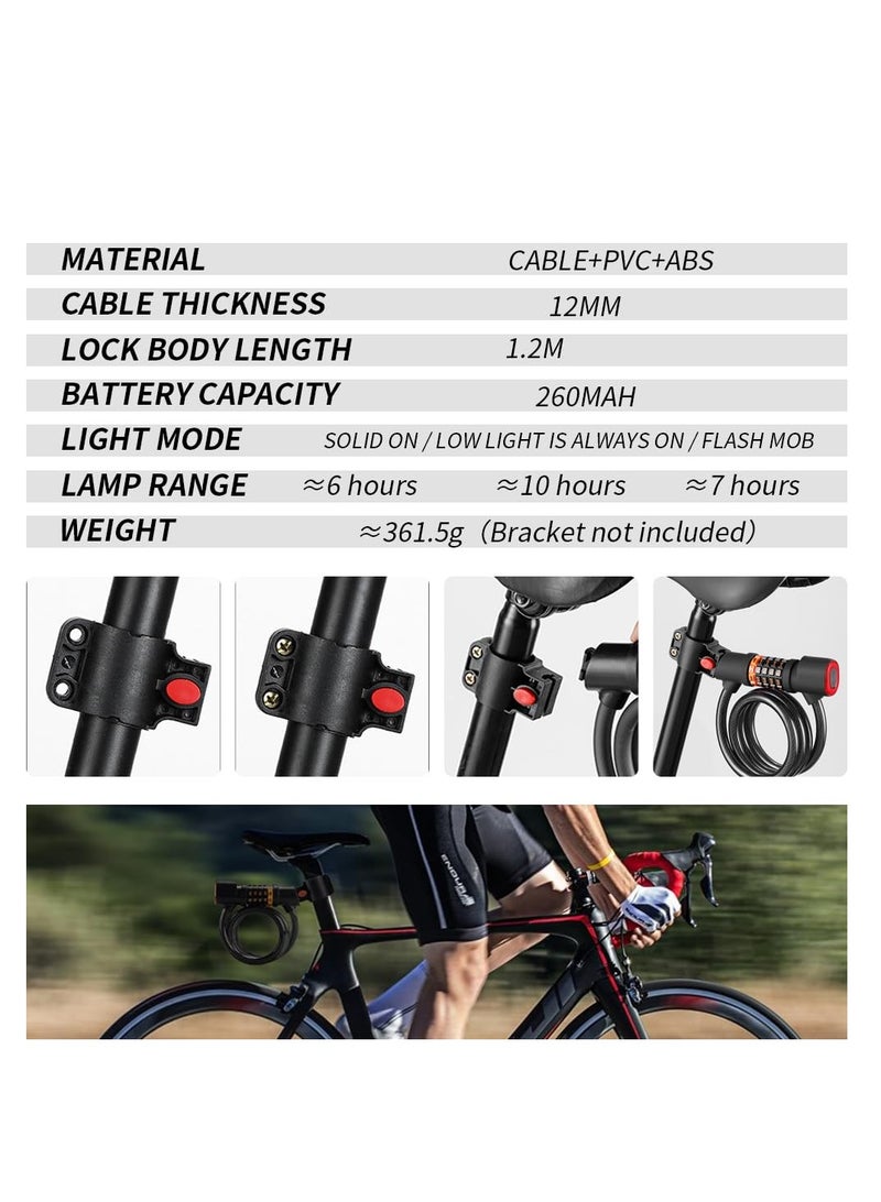 Bike Lock Cable Integrated Rear Bike Light, Digital Combination Lock 4 feet with Mounting Bracket for Bicycles Motorcycle Scooters, High Password Security, PVC Material (Black, 1 Pack)