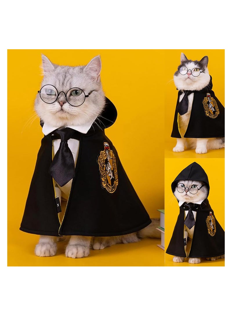 Pet Costume Harry Potter Witchcraft Style, Dog Cat Cute Halloween Costumes Cape Cosplay Costume Set, Wizard Pet Clothes Apparel Soft Hoodies with Glasses Neckties, Yellow (Large Size)