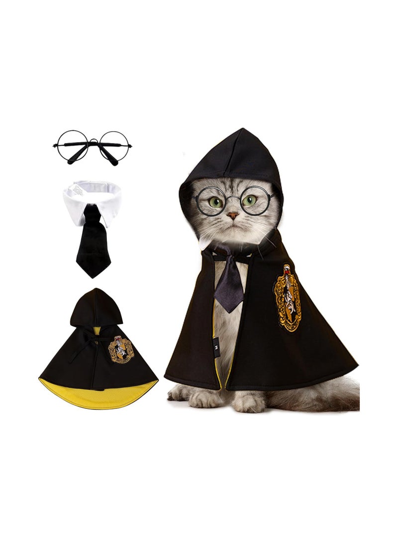 Pet Costume Harry Potter Witchcraft Style, Dog Cat Cute Halloween Costumes Cape Cosplay Costume Set, Wizard Pet Clothes Apparel Soft Hoodies with Glasses Neckties, Yellow (Large Size)