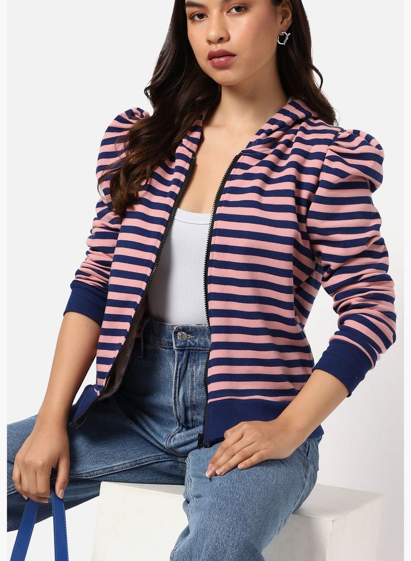 Women’s Cotton & Striped Colour-Blocked Zipper Sweatshirt With Hoodie Regular Fit For Casual Wear
