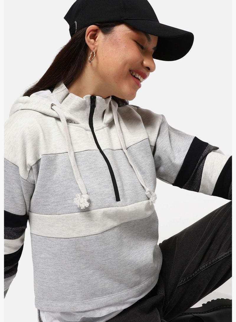 Women’s Cotton Colour-Blocked Zipper Sweatshirt With Hoodie Regular Fit For Casual Wear