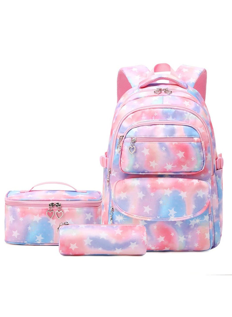 3Pcs Colorful Star Prints Backpack Sets Kids Bookbag Primary Middle School Daypack Elementary Students Knapsack for Girls