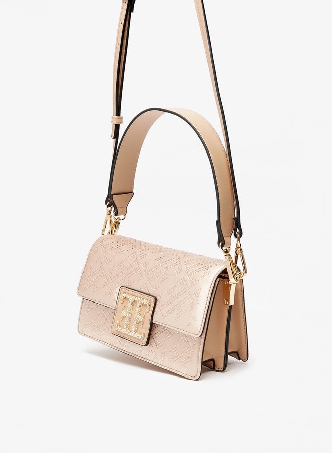 Women's Embellished Monogram Detail Satchel Bag with Detachable Strap