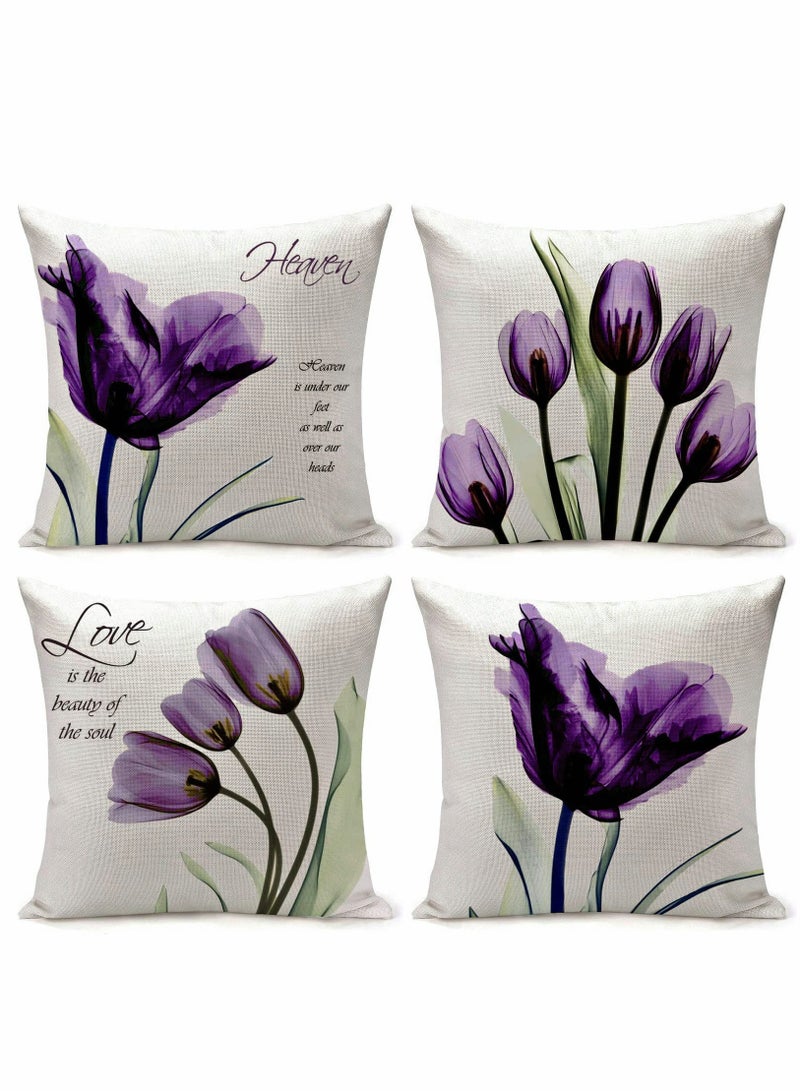 Cushion Covers Throw Pillow Set of 4, Purple Flower Pattern for Home Sofa Art Living Room Outside Office Decorative with Durable Thick Linen Square 18 x18 inch 45x45cm