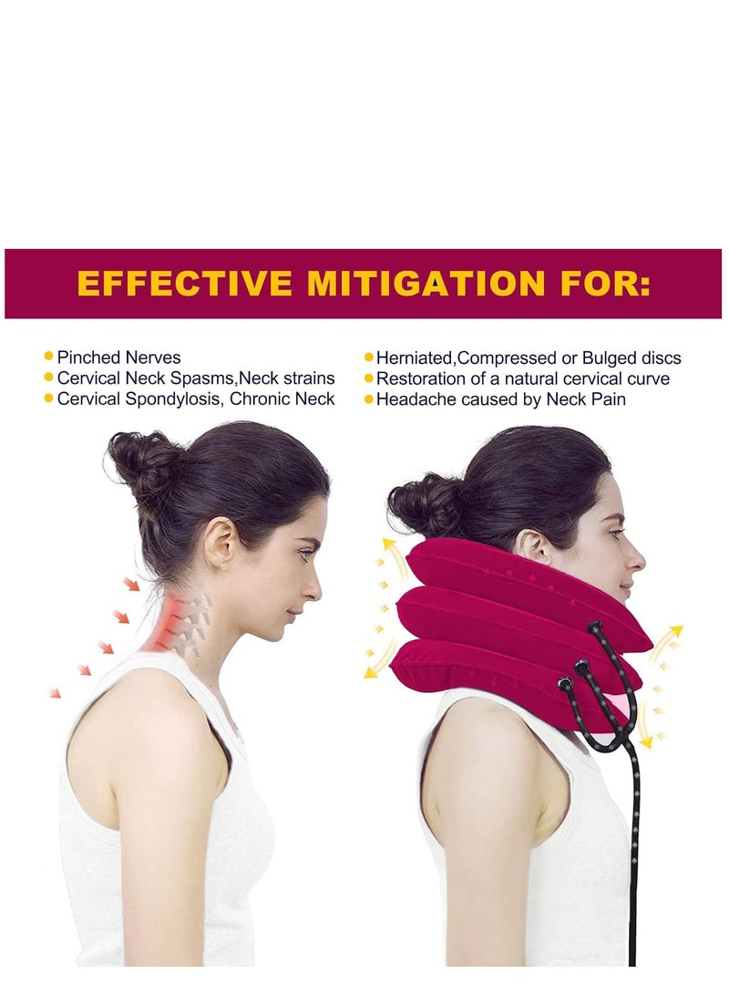 Travel Pillow, Cervical Neck Traction Device, Portable Neck Stretcher Cervical Traction Provide Neck Support and Neck Pain Relief, Neck Traction Devices for Home Use Neck Decompression (Rose Red)