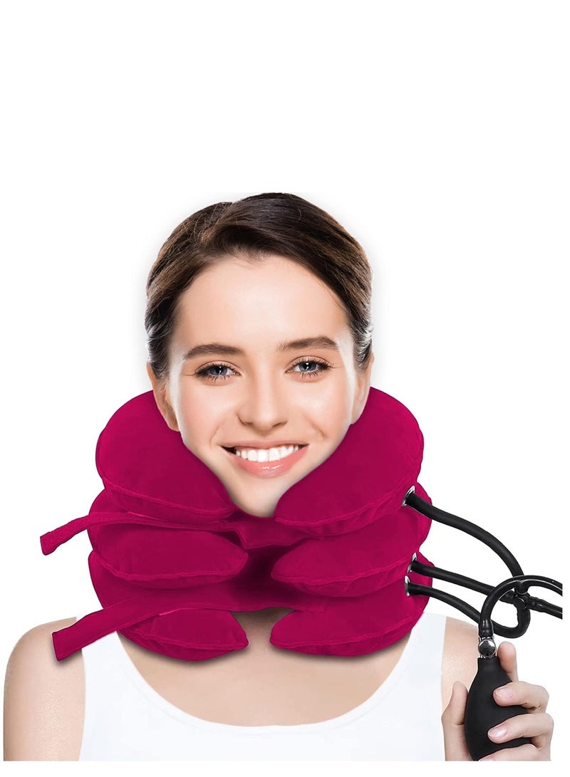 Travel Pillow, Cervical Neck Traction Device, Portable Neck Stretcher Cervical Traction Provide Neck Support and Neck Pain Relief, Neck Traction Devices for Home Use Neck Decompression (Rose Red)