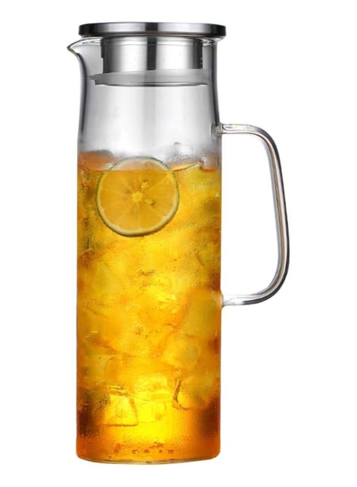 1.5L Glass Pitcher with Lid, Hot/Cold Water Jug, Juice and Iced Tea Beverage Carafe