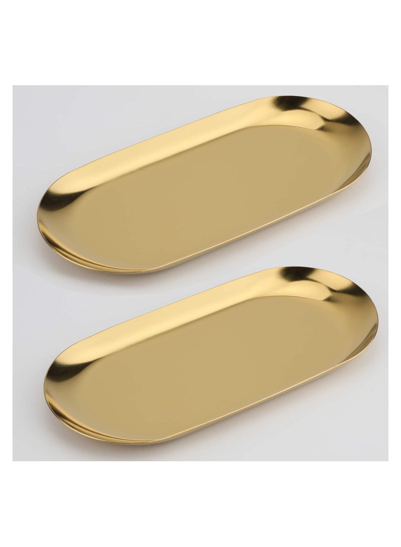 Stainless Steel Decorative Small Storage Tray (7in Long Oval, Gold) - Set of 2