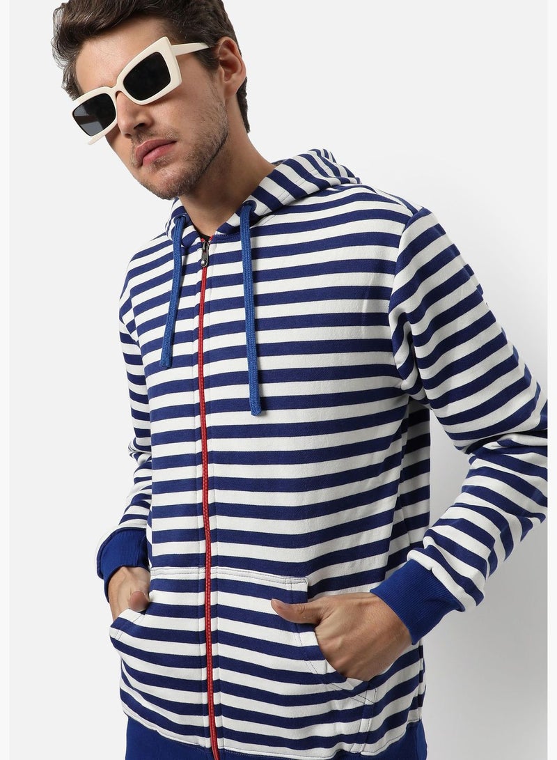 Men's Striped Regular Fit Zipper Sweatshirt With Hoodie For Winter Wear