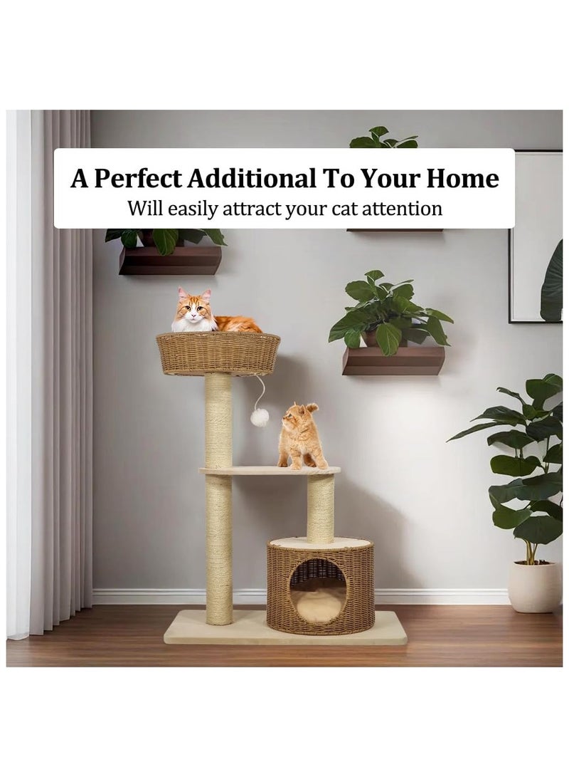 Cat tree Rattan design furniture with basket perch, Scratching post and cozy cat bed, Multi-layer cat activity tower for indoor cat, Durable and safety 96 cm H (Beige color)