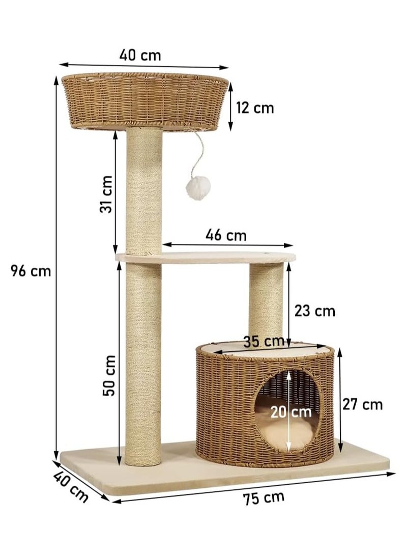 Cat tree Rattan design furniture with basket perch, Scratching post and cozy cat bed, Multi-layer cat activity tower for indoor cat, Durable and safety 96 cm H (Beige color)