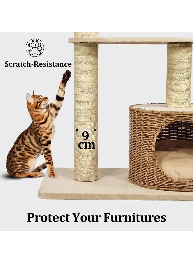 Cat tree Rattan design furniture with basket perch, Scratching post and cozy cat bed, Multi-layer cat activity tower for indoor cat, Durable and safety 96 cm H (Beige color)