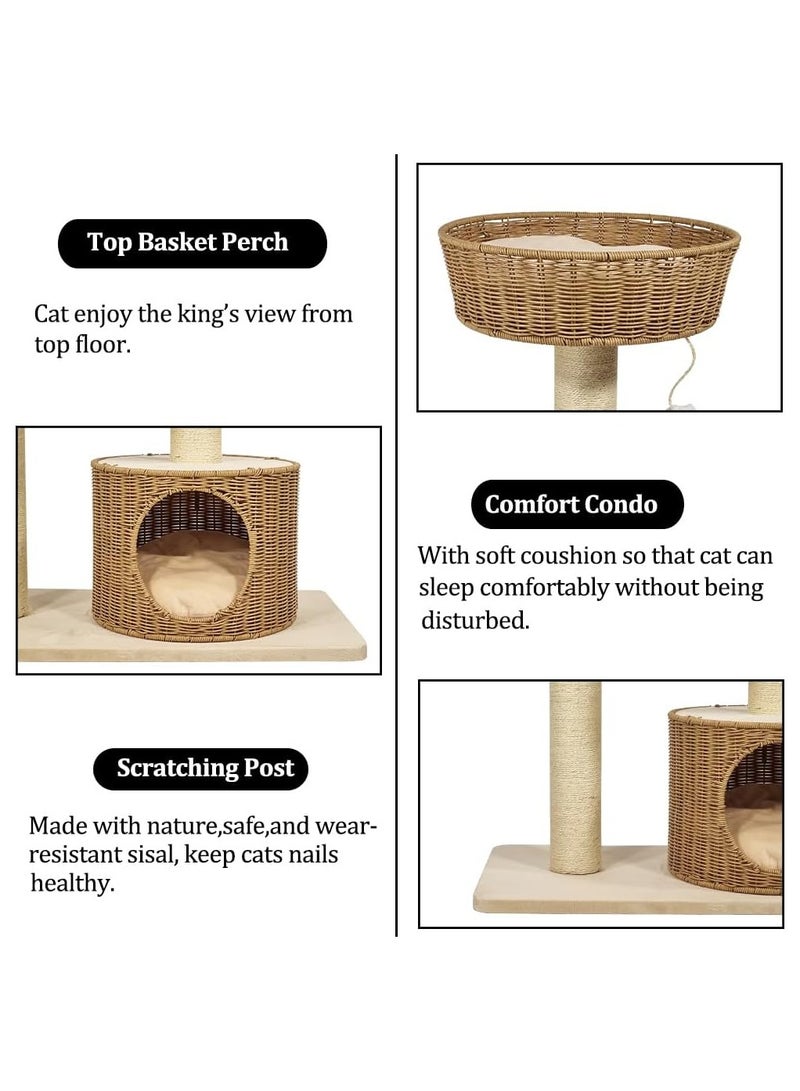 Cat tree Rattan design furniture with basket perch, Scratching post and cozy cat bed, Multi-layer cat activity tower for indoor cat, Durable and safety 96 cm H (Beige color)