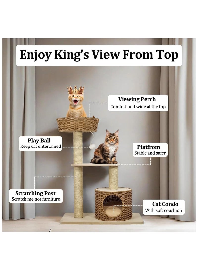 Cat tree Rattan design furniture with basket perch, Scratching post and cozy cat bed, Multi-layer cat activity tower for indoor cat, Durable and safety 96 cm H (Beige color)