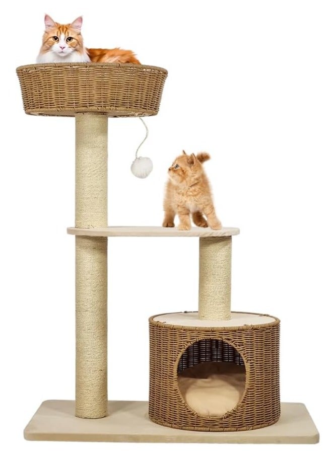 Cat tree Rattan design furniture with basket perch, Scratching post and cozy cat bed, Multi-layer cat activity tower for indoor cat, Durable and safety 96 cm H (Beige color)