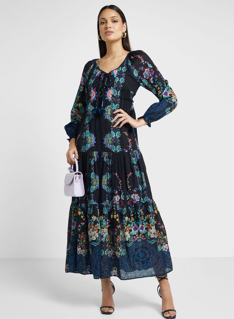 All-Over Floral Print Tiered Dress With Tie-Ups And Long Sleeves