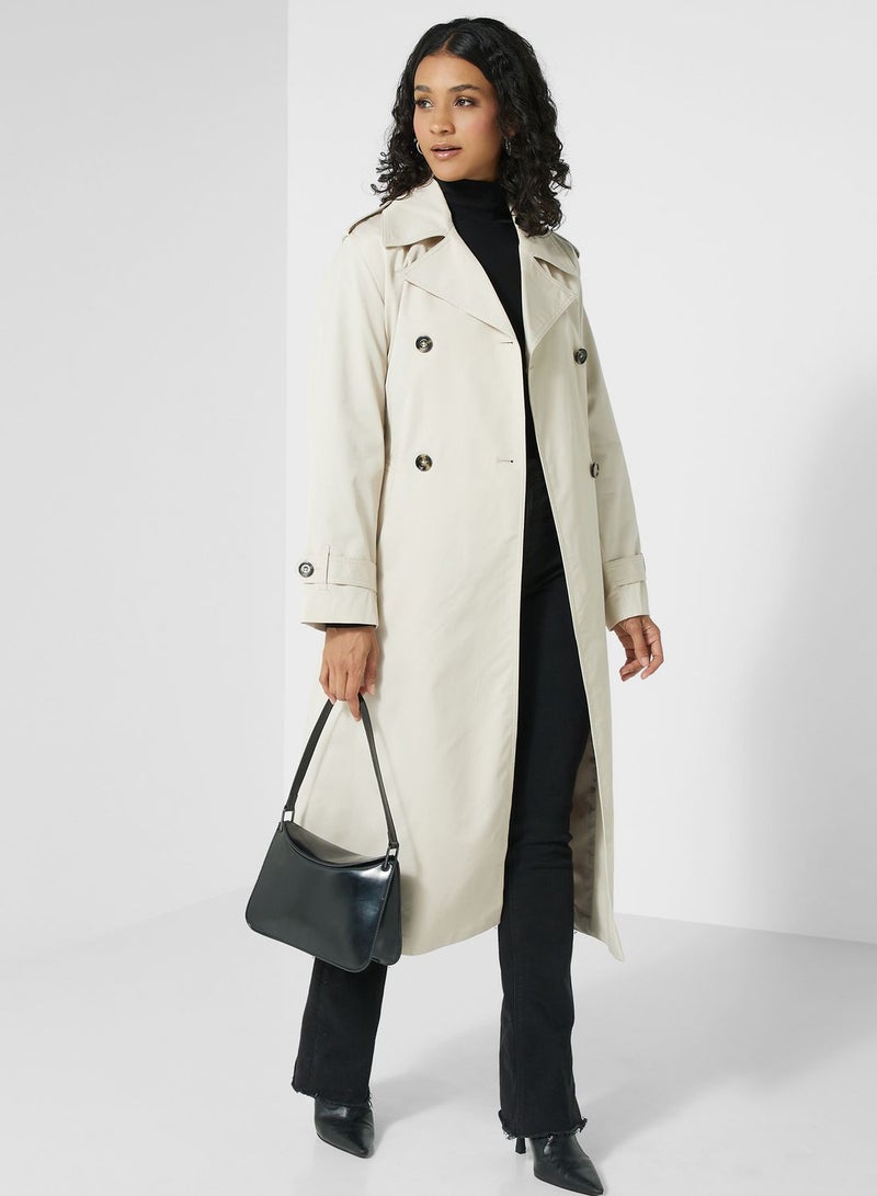 Belted Button Detail Longline Coat