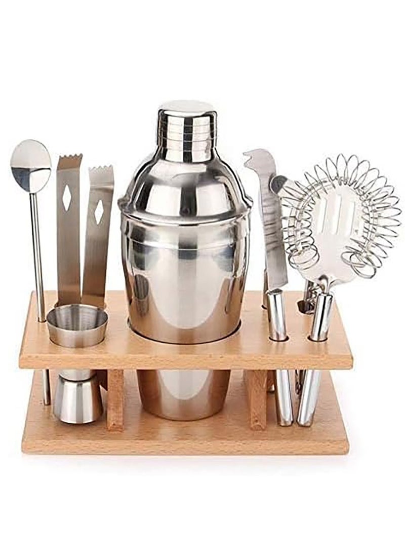 Premium Kitchen Gadgets Supplies 9 in 1 Stainless Steel Cocktail Shaker Tools Set with Wooden Mount, Capacity: 550ml