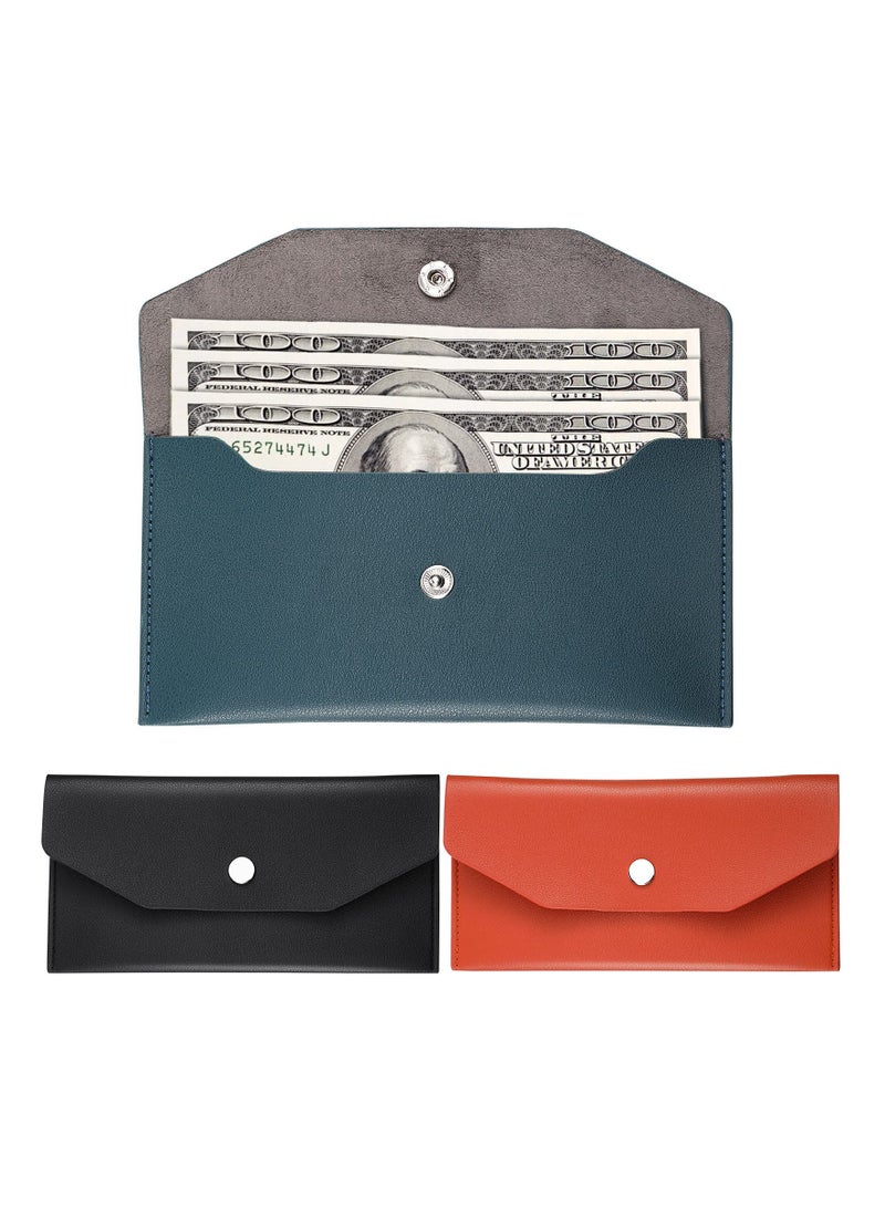 3 Pieces Cash Envelopes Bag PU Leather Cash Money Pouch Cash Wallet Envelope Reusable for Spring Festival Wedding Birthday Graduation Holidays (Black, Orange, Dark Green)