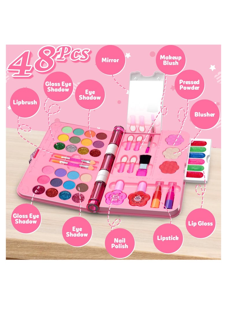 Kids Makeup Kit for Girl, 48Pcs Washable Pretend Makeup Kit Real Cosmetic, Safe & Non-Toxic Make Up Toys for 3-12 Year Old Kids, Birthday Girl Gifts(Pink)