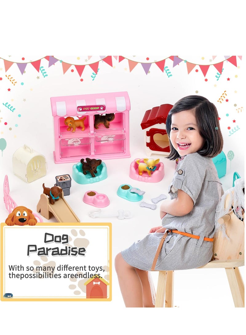 Pet Pretend Educational Play Toys, Pet Pretend Kit for Kids, 32 PCS Dog Figures Playset, Pet Dog Grooming Feeding Toys Play, Gift for Kids Toddlers Boys and Girls
