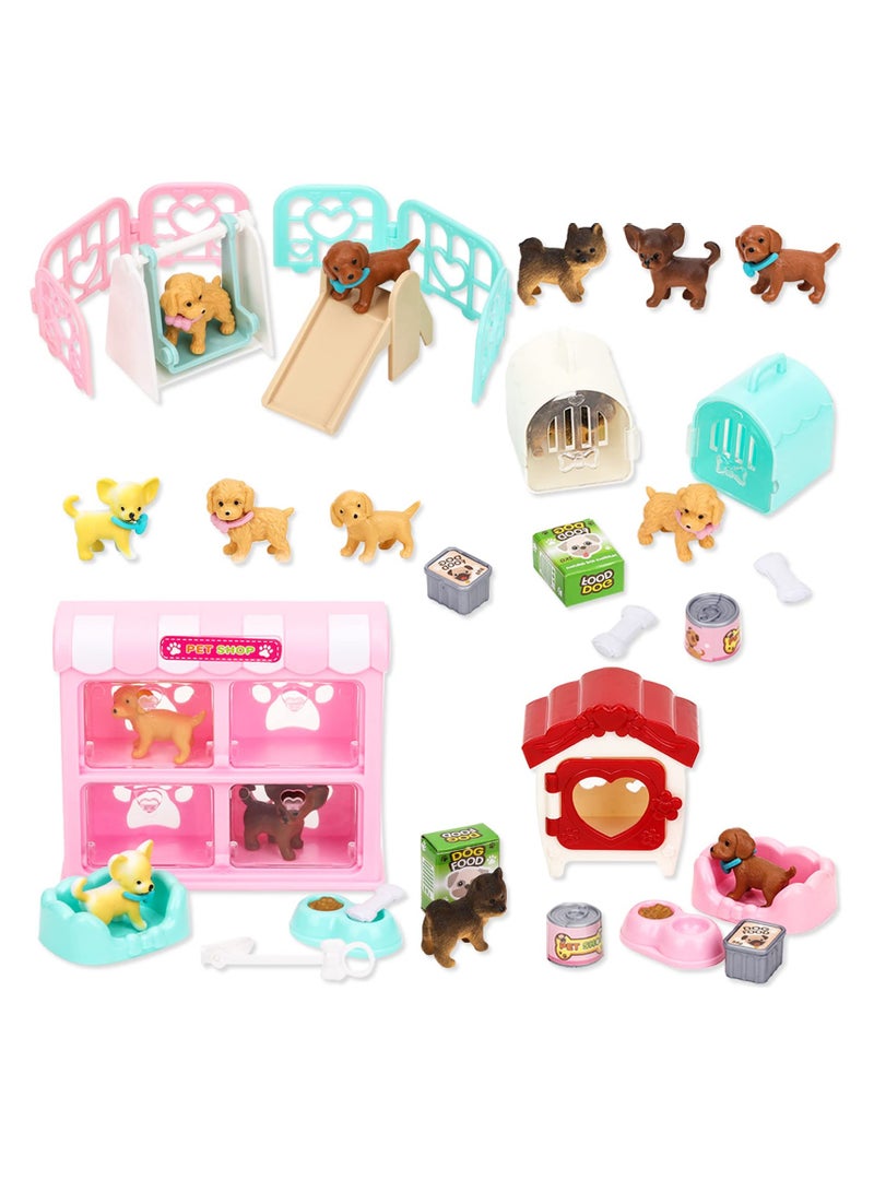 Pet Pretend Educational Play Toys, Pet Pretend Kit for Kids, 32 PCS Dog Figures Playset, Pet Dog Grooming Feeding Toys Play, Gift for Kids Toddlers Boys and Girls