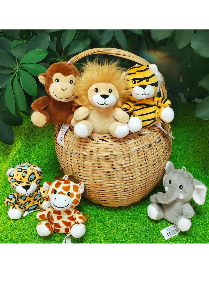 Toy 6 Piece Mini Jungle Stuffed Animals Set Lion Tiger Elephant Giraffe Leopard Monkey Soft Plush Toys for Animal and Woodland Themed Parties for Classroom Prizes and Gift for Boys and Girls