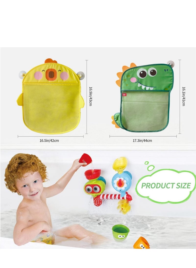 2 Pack Mesh Bath Toy Organizer, Duck & Dinosaur Extra Bath Toy Storage Net & 4 Strong Hooks, Shower Caddy Solution for Kids & Toddlers