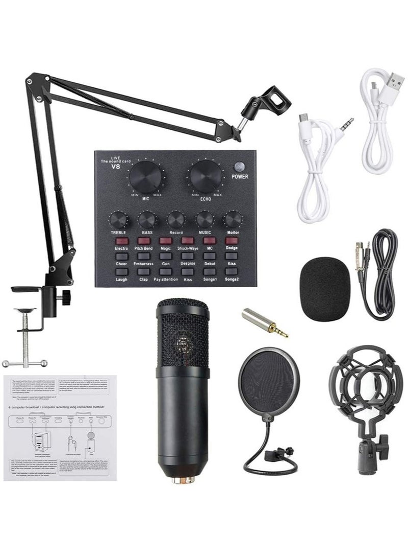 Microphone,Live Sound Card & BM800 Suspension Microphone Kit Broadcasting Recording Condenser Microphone Set Intelligent Volume Audio Mixer Sound Card for Computer PC Live Sound