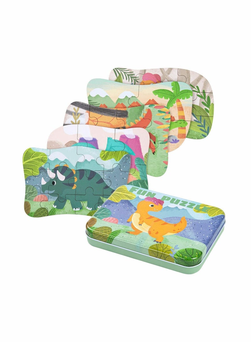 Dinosaur Puzzles for 3 4 5 6 Year Olds, 5-in-1 Dinosaur Jigsaw Puzzles with Iron Box for Storage, Dinosaur Toys Gifts for Boys, Girls, Kids and Children (Dinosaur Puzzles)