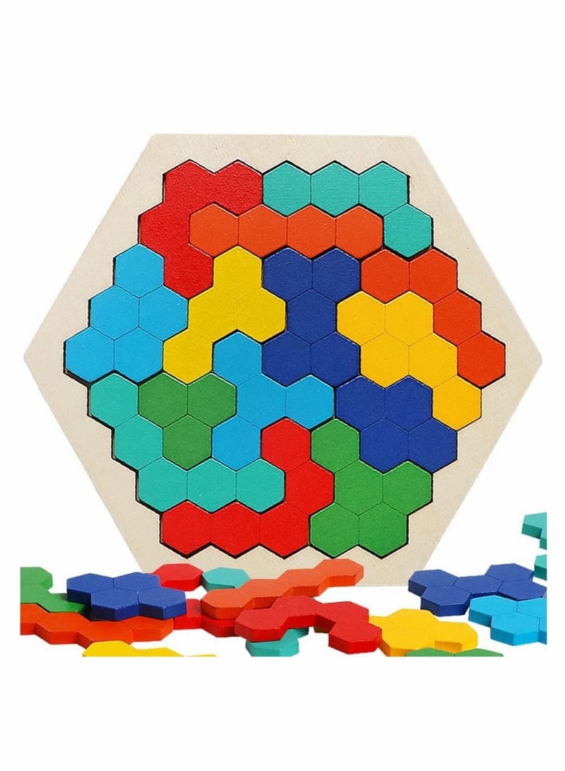 Wooden Hexagon Puzzle,Brain Teasers Toy Tangram Jigsaw Shape Pattern Block Colorful Toy Geometry Logic IQ Game STEM Montessori Educational Gift for All Ages Kids Children Adults Boys Girls Challenge