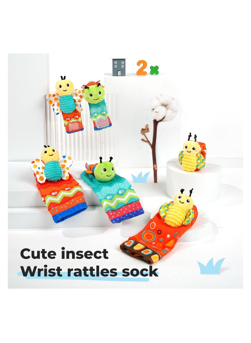 Baby Wrist Rattle Socks and Foot Finder Set, Baby Rattles Toys for 0-6 Month, Cute Soft Newborn Wrist Rattle, Foot Finder Socks Set, Infant Newborn Sensory Toy for Boy Girl (Caterpillar)