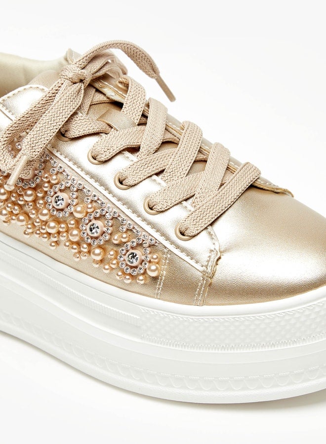 Women's Embellished Chunky Sneakers with Lace-Up Closure