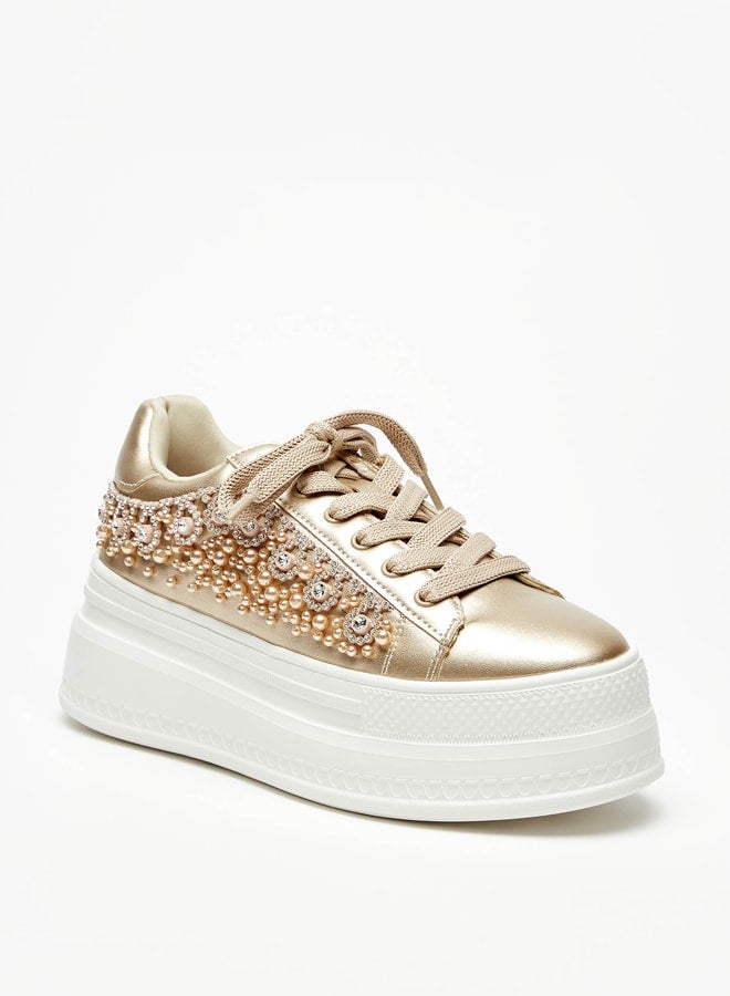 Women's Embellished Chunky Sneakers with Lace-Up Closure