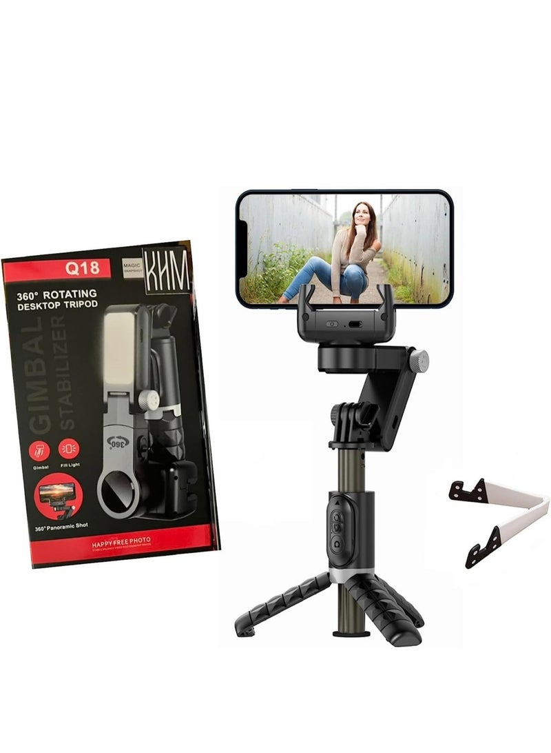 Gimbal Stabilizer Tripod for smartphones with light handheld or portable 360° rotation with face tracker and wireless remote control compatible with iPhone and Android