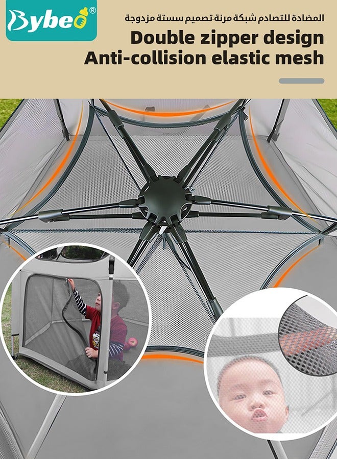Baby Playpen Fence with Playmat & Canopy, Folding Playard for Toddler, Collapsible Camping Tent for Adults and Children Kids Activity Center, Outdoor Infant Play Tents with Travel Bag and Safety Lock