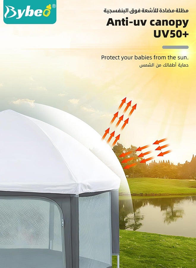 Baby Playpen Fence with Playmat & Canopy, Folding Playard for Toddler, Collapsible Camping Tent for Adults and Children Kids Activity Center, Outdoor Infant Play Tents with Travel Bag and Safety Lock
