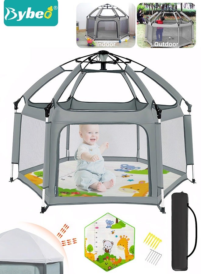 Baby Playpen Fence with Playmat & Canopy, Folding Playard for Toddler, Collapsible Camping Tent for Adults and Children Kids Activity Center, Outdoor Infant Play Tents with Travel Bag and Safety Lock