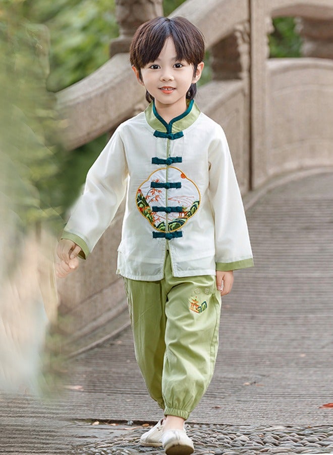 D3042-liangtingchangxiu Boys' Hanfu Chinese Style Set white Shirt and green Pants Two-piece Suits Spring And Autumn  New Children's Tang Dynasty Fashion Clothes