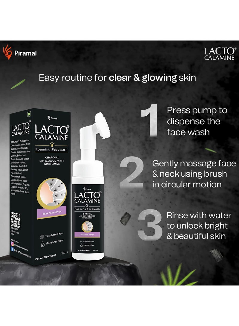 Lacto Calamine Charcoal Foaming Face wash Deep skin Detox Cleanse skin impurities With Built-in foaming Brush Sulphate free Face wash Paraben Free 150ml Pack of 2