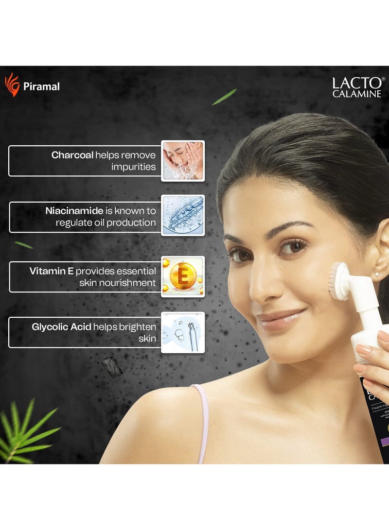 Lacto Calamine Charcoal Foaming Face wash Deep skin Detox Cleanse skin impurities With Built-in foaming Brush Sulphate free Face wash Paraben Free 150ml Pack of 2