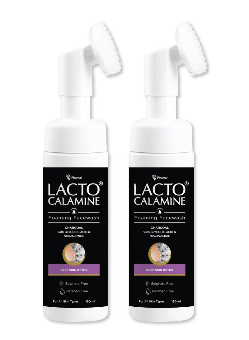 Lacto Calamine Charcoal Foaming Face wash Deep skin Detox Cleanse skin impurities With Built-in foaming Brush Sulphate free Face wash Paraben Free 150ml Pack of 2