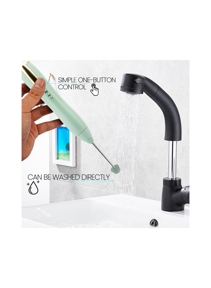 Handheld Milk Frother, USB-C Rechargeable Electric Whisk Drink Foam Mixer, 3 Speeds Adjustable Green Mini Coffee Frother for Latte, Cappuccino, Egg, Hot Chocolate(with 2 Heads 1 Stand)
