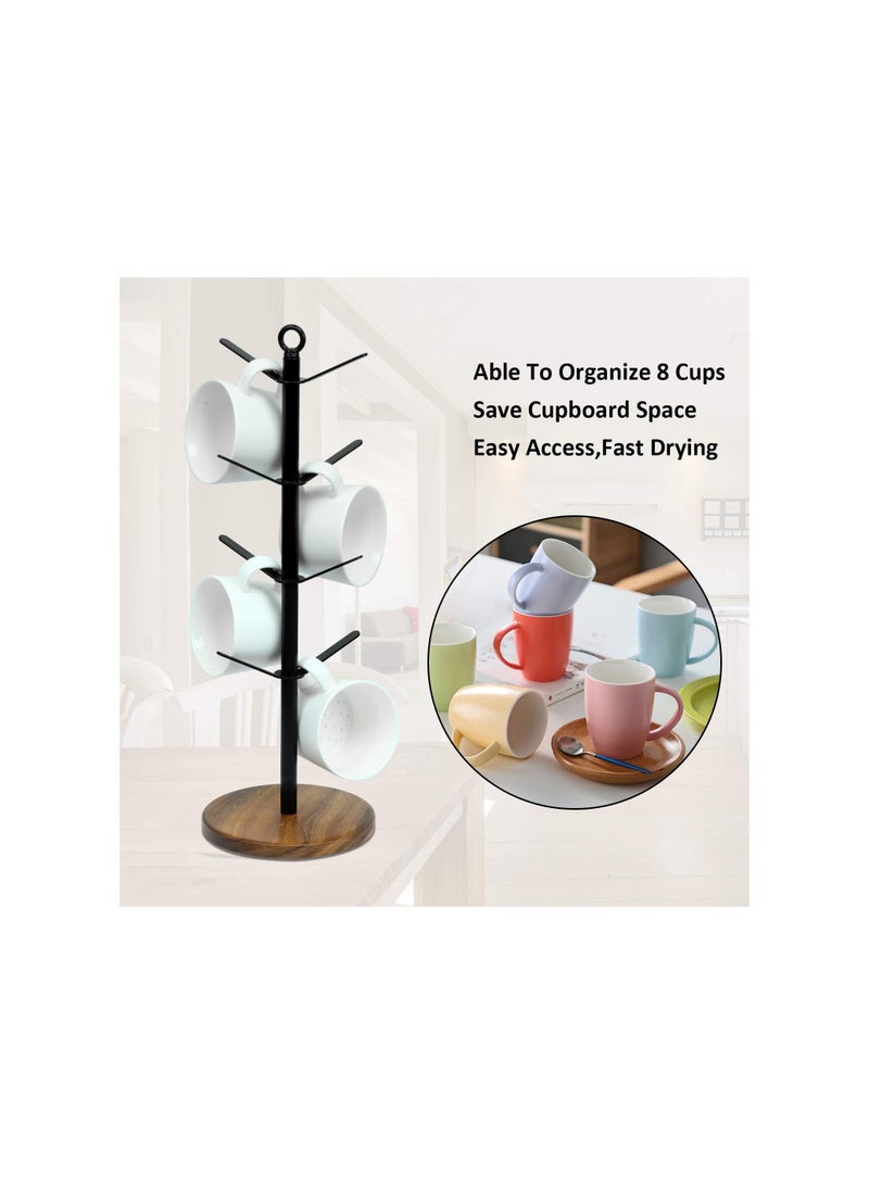 Drying Storage Rack Holder Home Storage Mug Hooks Multipurpose Display Stand Metal Tree Shape Mug Coffee Cups Stand with 8 Hooks - Walnut Base