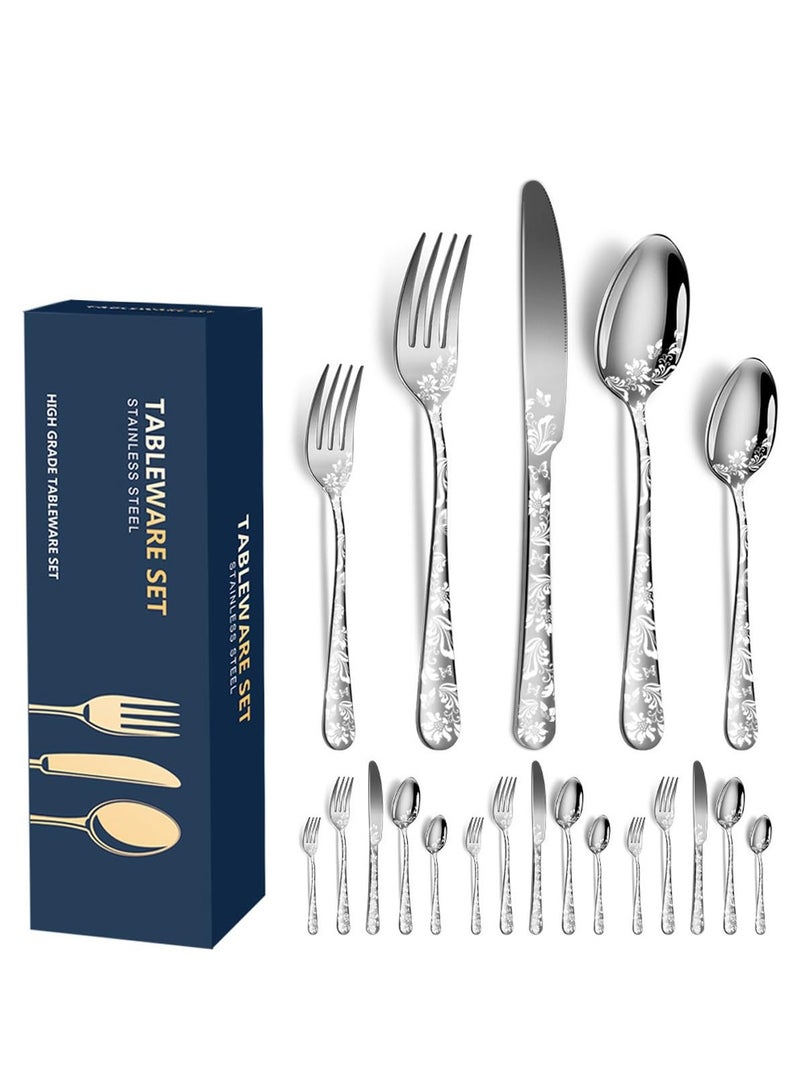 Butterfly Silver Cutlery Set, Knife and Fork Spoon Set.20 PCS - Includes 8 X Spoons, 8 X Forks, 4 X Knife, Stainless Steel, Dishwasher Safe, Mirror Polished Tableware, Durable Flatware, Home Kitchen