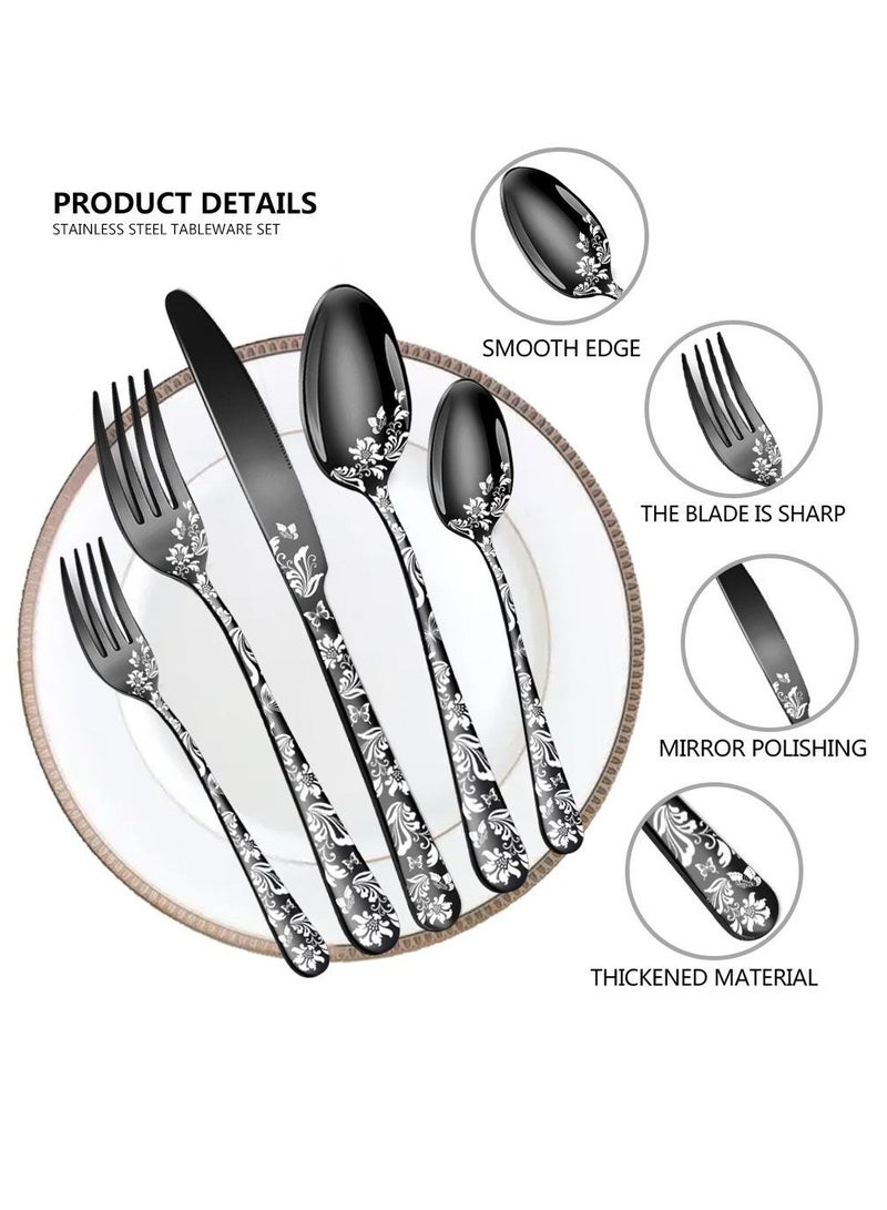 Butterfly Black Cutlery Set, Knife and Fork Spoon Set.20 PCS - Includes 8 X Spoons, 8 X Forks, 4 X Knife, Stainless Steel, Dishwasher Safe, Mirror Polished Tableware, Durable Flatware, Home Kitchen