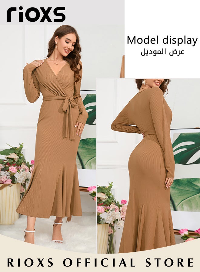 Womens Knit Dress with a Belt Long Sleeve Cocktail Dress Fashion Solid Color V-Neck Slim Fit Fishtail Dress