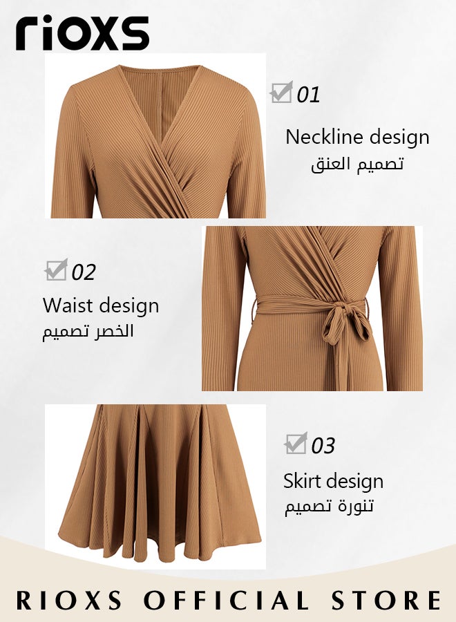 Womens Knit Dress with a Belt Long Sleeve Cocktail Dress Fashion Solid Color V-Neck Slim Fit Fishtail Dress